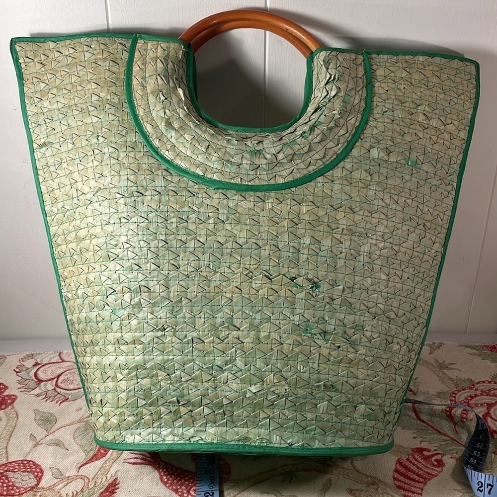 Green Woven Kelly Green Handcrafted Straw Tote Bag with Wooden Handles - Picture 11 of 16